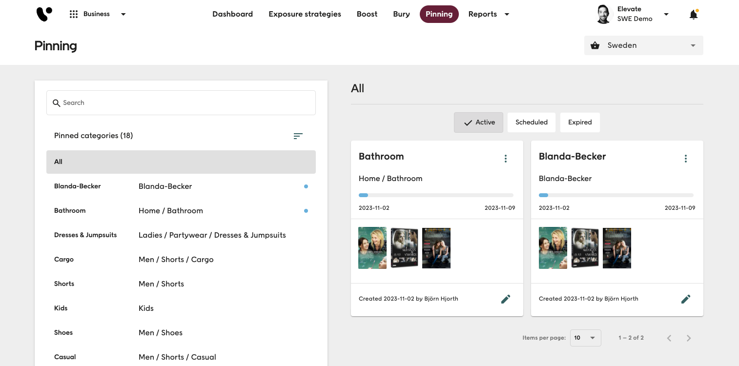 Screenshot of Voyado Elevate Business app Pinning tab