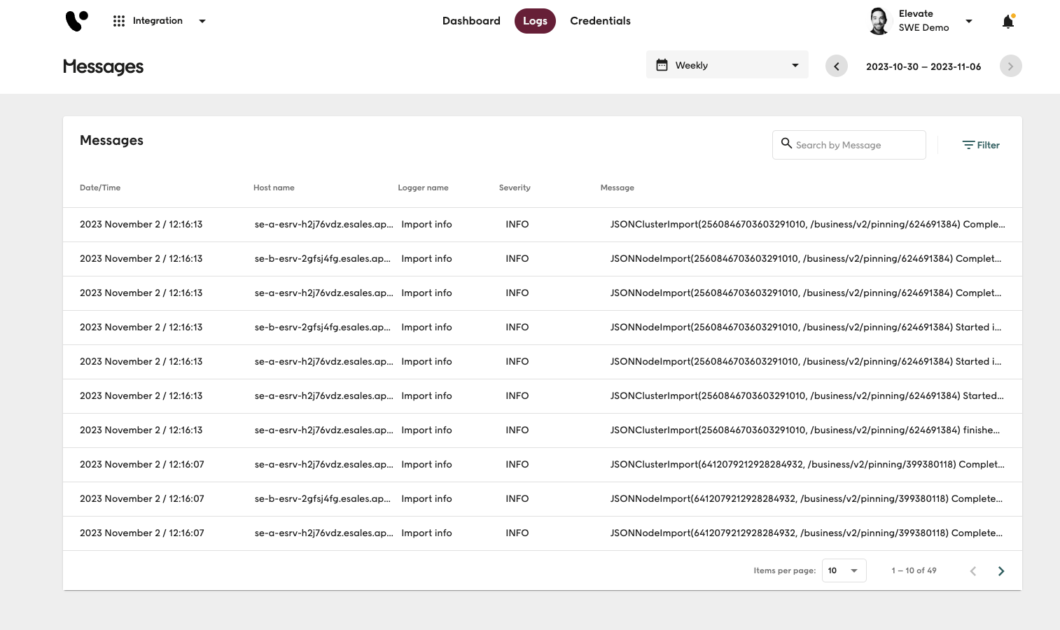 Screenshot of Voyado Elevate Integration app Logs tab