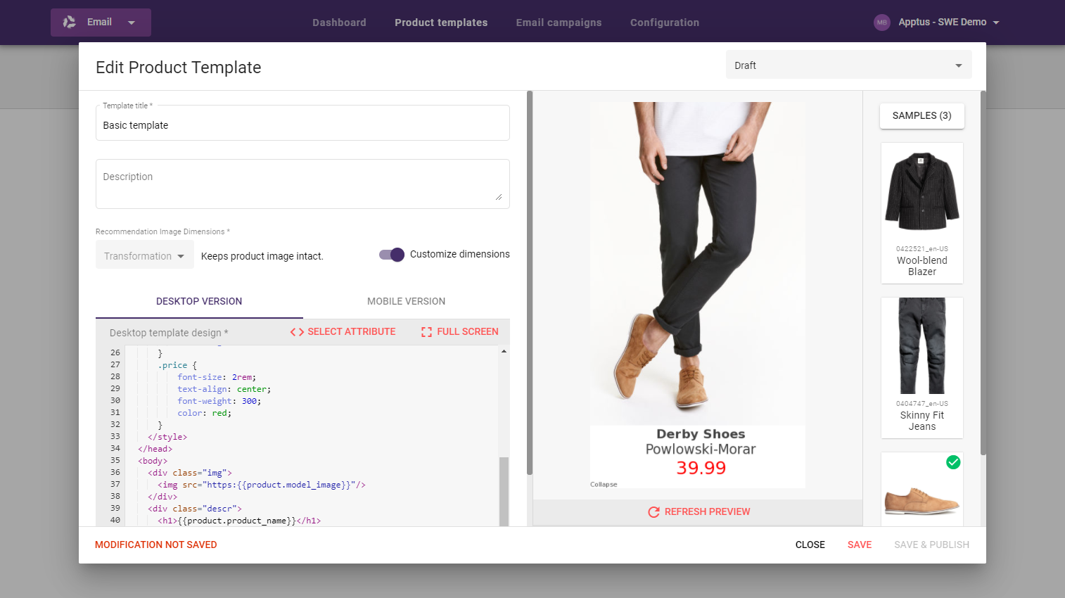 Email recommendations - Product template