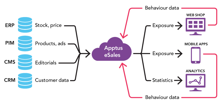 Graphic showing the data paths and components that make Voyado Elevate work