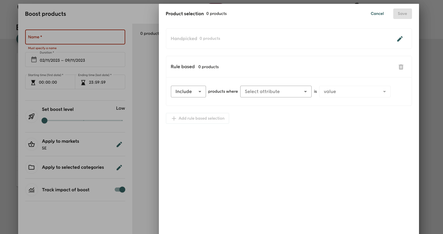 Screenshot of Voyado Elevate Business app Boost tab rule based products