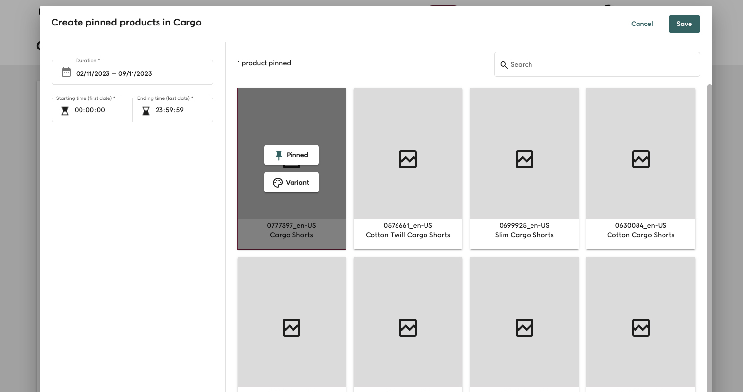 Screenshot of selecting a product for variant pinning