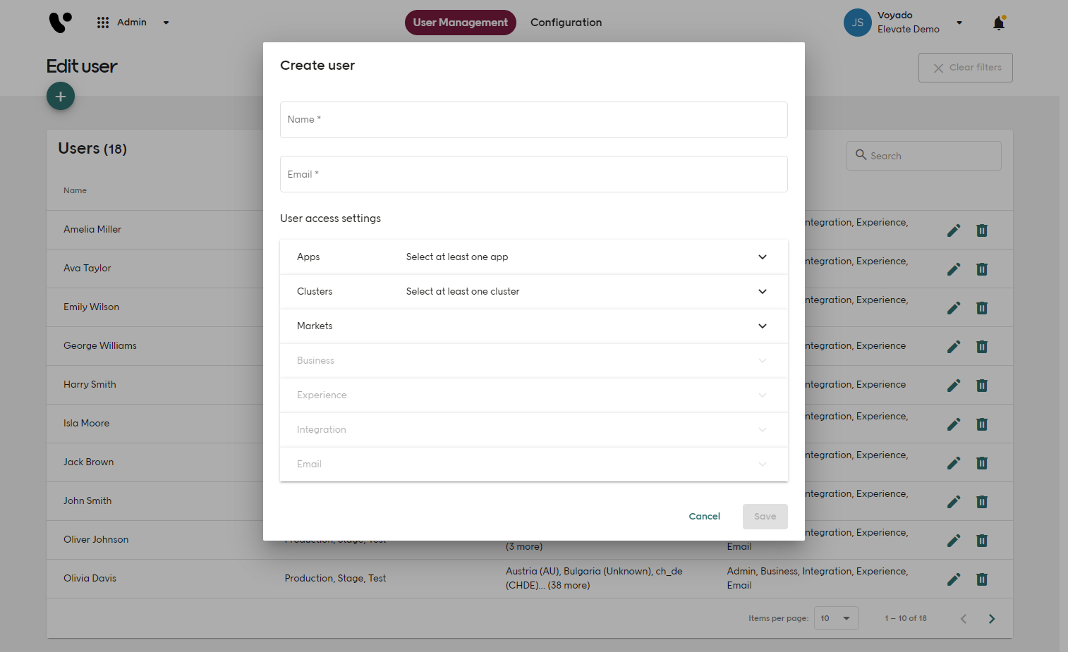 Screenshot of Voyado Elevate Admin app User management dialogue window