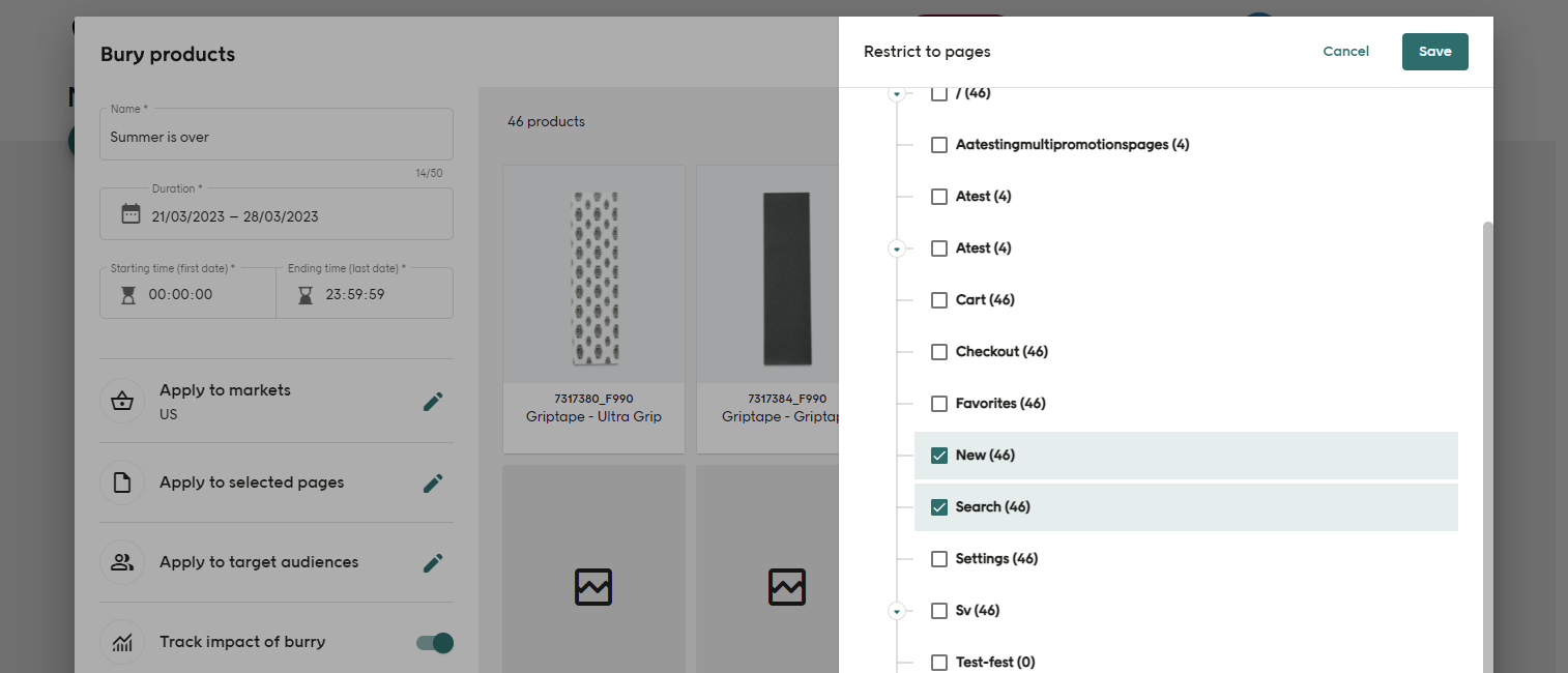 Screenshot of Voyado Elevate Business app Bury tab Restrict demotion