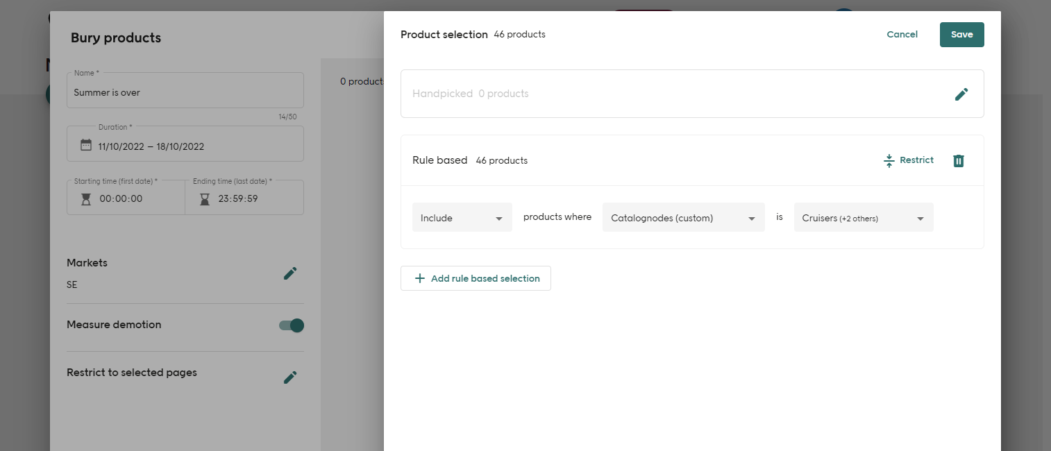 Screenshot of Voyado Elevate Business app Bury tab rule based products