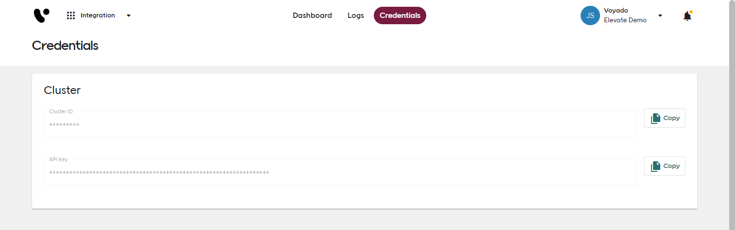 Screenshot of Voyado Elevate Integration app Credentials