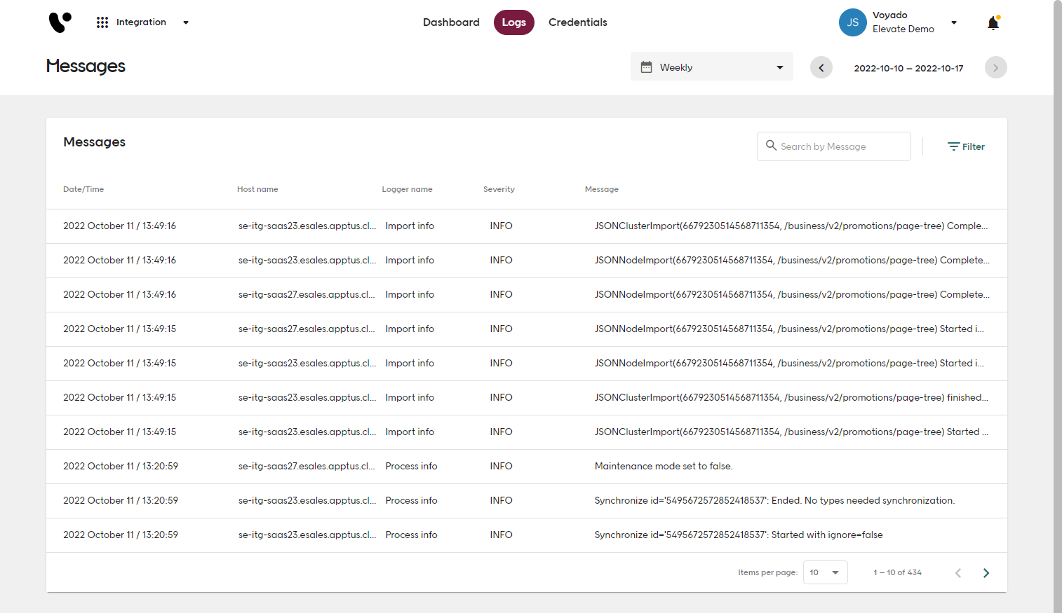 Screenshot of Voyado Elevate Integration app Logs tab